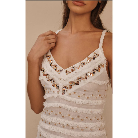 NWT Anthropologie Sequin Cotton White Fringe Mini Dress - Large - Picture 3 of 4
